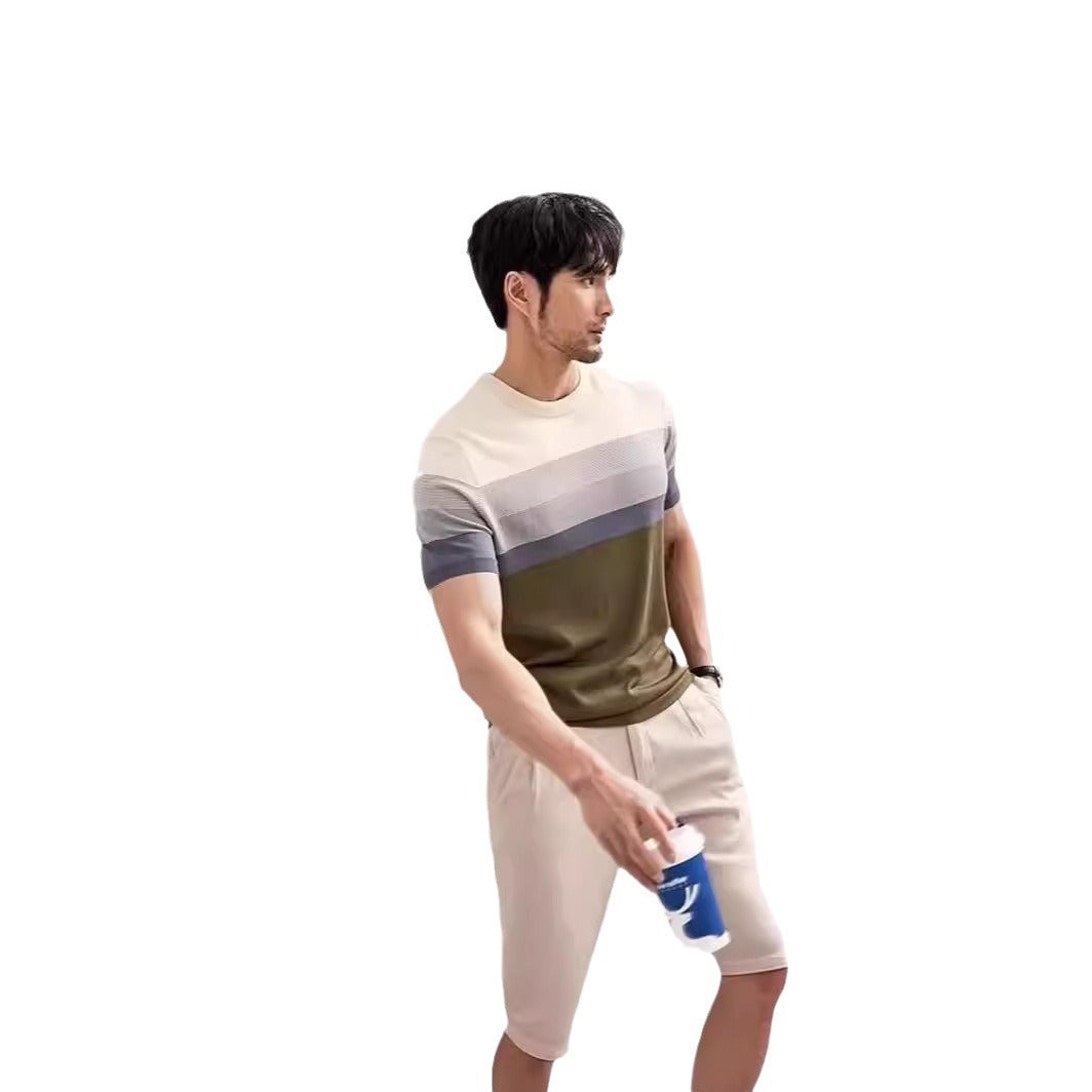 Summer New Light Mature Short Sleeve Knitted Sweater Men and women Gradient Color Block Stripe