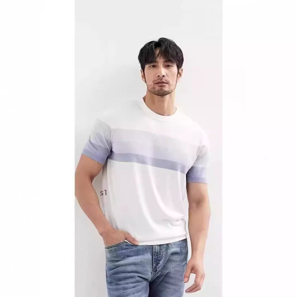 Summer New Light Mature Short Sleeve Knitted Sweater Men and women Gradient Color Block Stripe