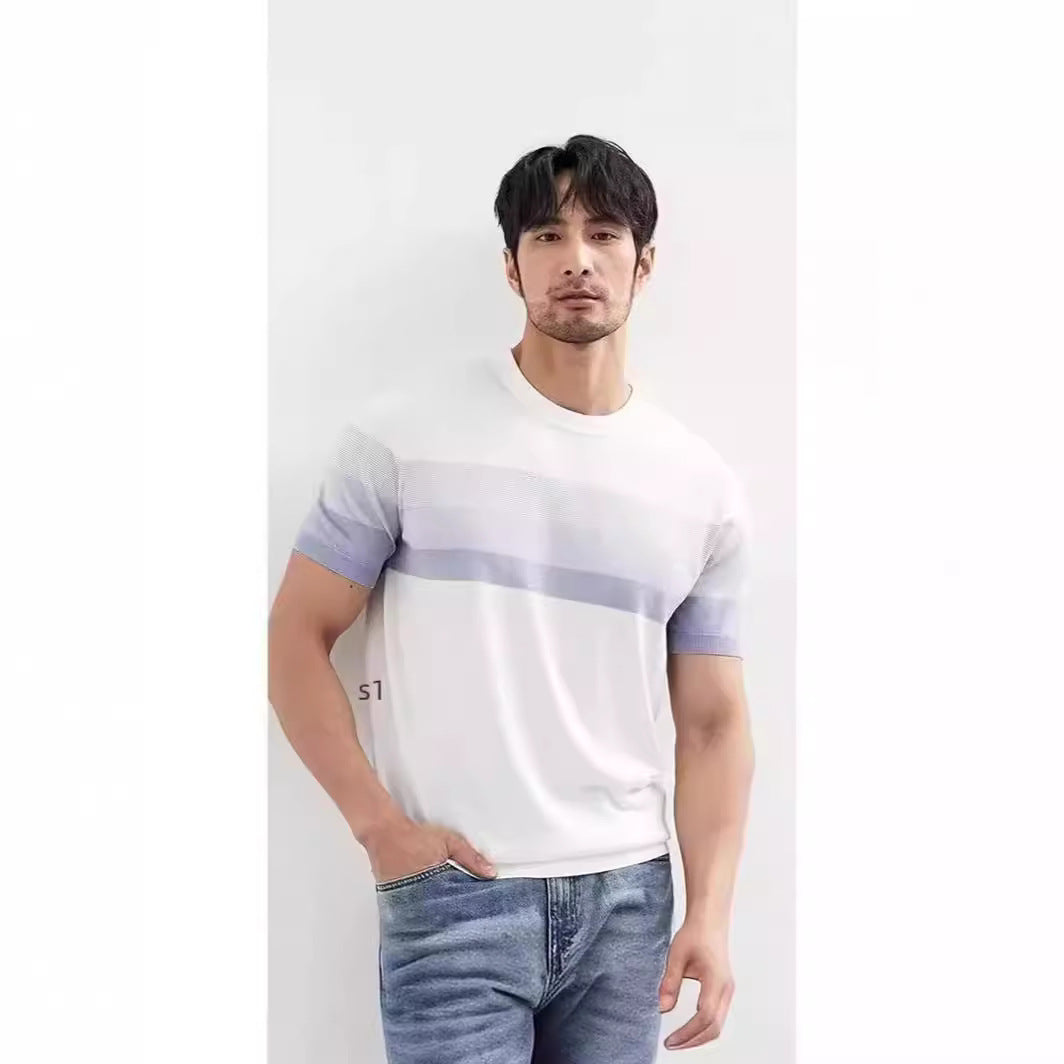 Summer New Light Mature Short Sleeve Knitted Sweater Men and women Gradient Color Block Stripe