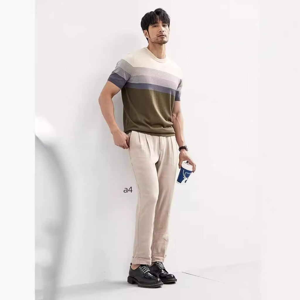 Summer New Light Mature Short Sleeve Knitted Sweater Men and women Gradient Color Block Stripe