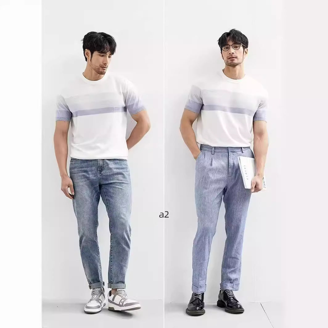 Summer New Light Mature Short Sleeve Knitted Sweater Men and women Gradient Color Block Stripe