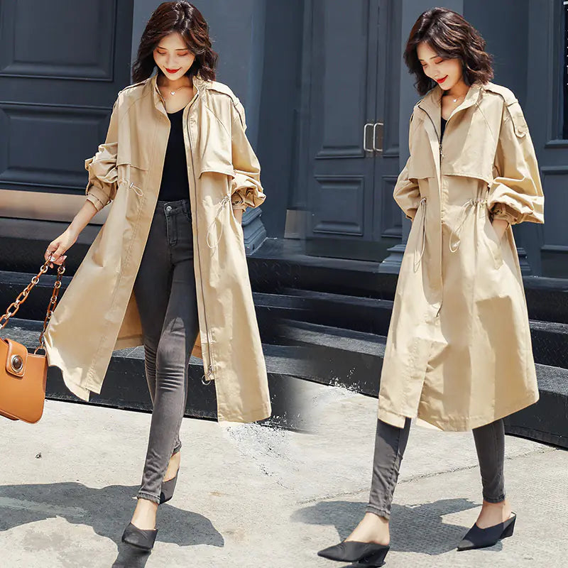 Solid Color Mid-Length Trench Coat with Zipper
