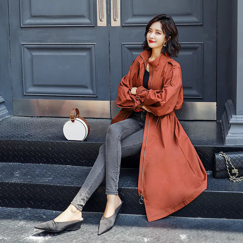 Solid Color Mid-Length Trench Coat with Zipper