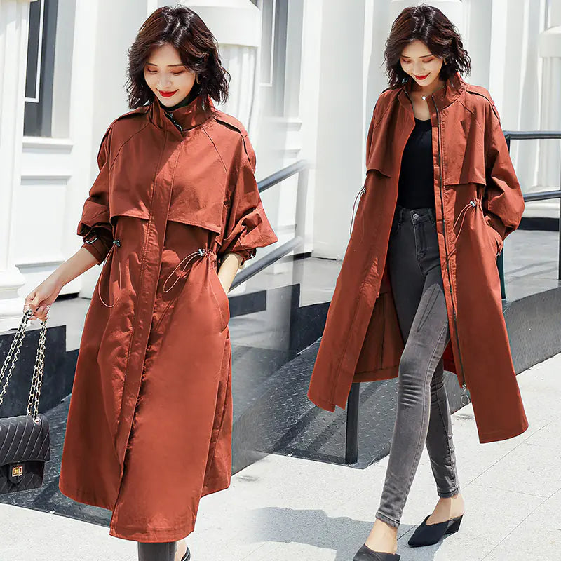 Solid Color Mid-Length Trench Coat with Zipper