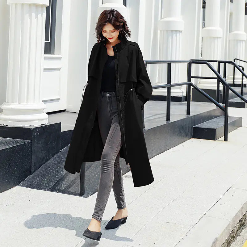 Solid Color Mid-Length Trench Coat with Zipper