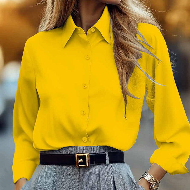 Plus Size Women's Solid Color Lapel Long Sleeve Shirt, Classic Button-Down Blouse For Office And Formal Wear