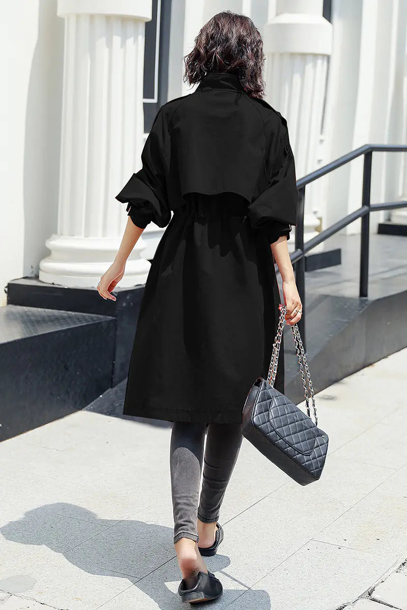 Solid Color Mid-Length Trench Coat with Zipper