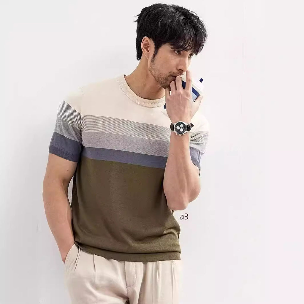 Summer New Light Mature Short Sleeve Knitted Sweater Men and women Gradient Color Block Stripe