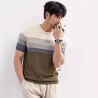 Summer New Light Mature Short Sleeve Knitted Sweater Men and women Gradient Color Block Stripe