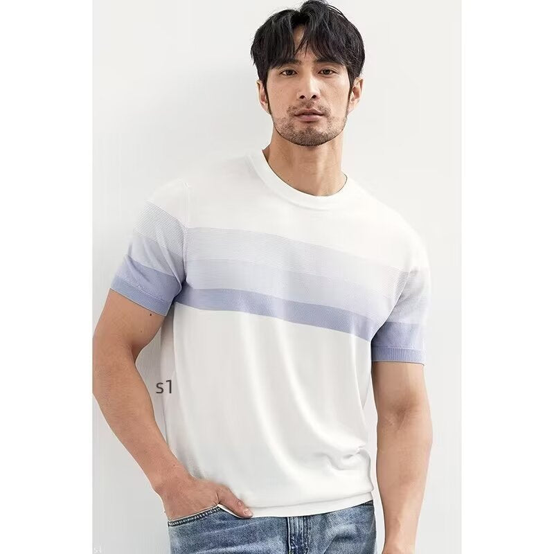 Summer New Light Mature Short Sleeve Knitted Sweater Men and women Gradient Color Block Stripe