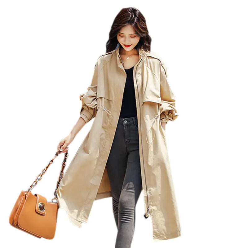 Solid Color Mid-Length Trench Coat with Zipper